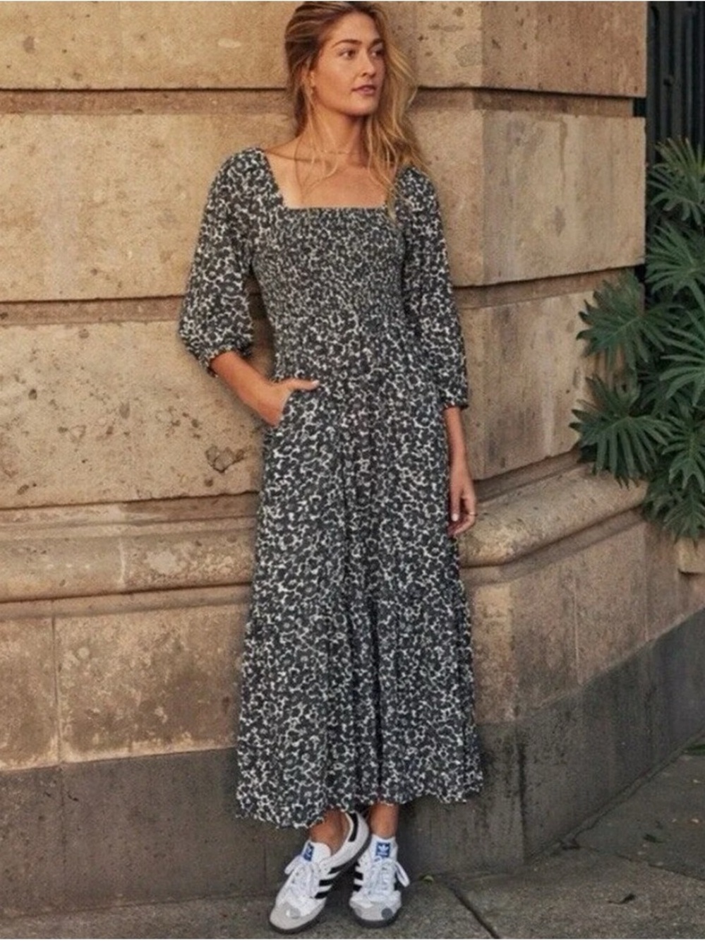 MARINE LAYER Ivy Smocked Abstract Floral Tiered Midi Dress w/Pockets Size Small